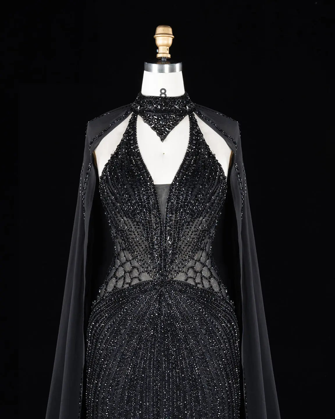 SS049 Black beaded halter cape evening dress view 4