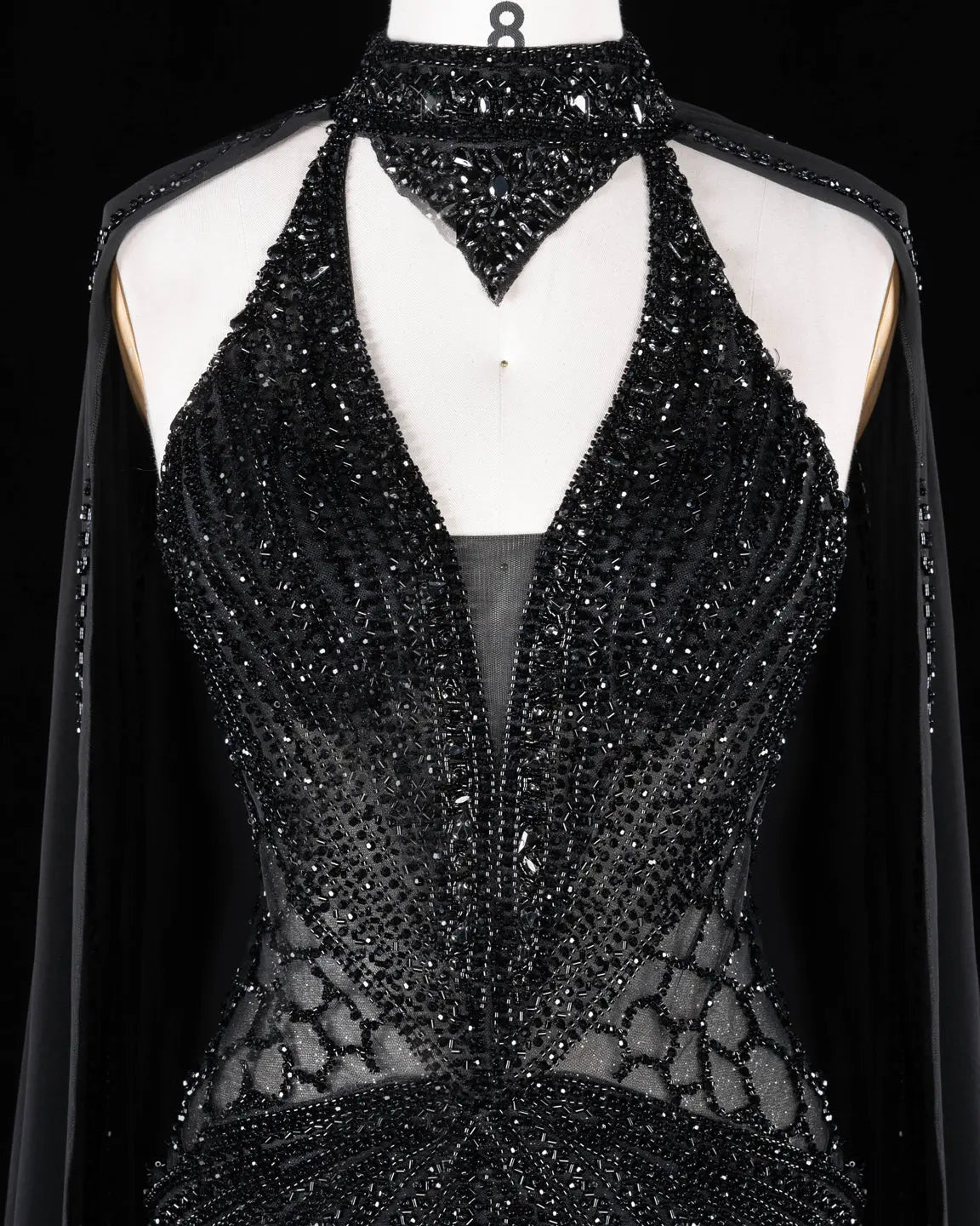 SS049 Black beaded halter cape evening dress view 7