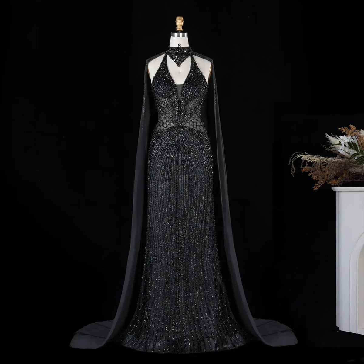 SS049 Black beaded halter cape evening dress view 8