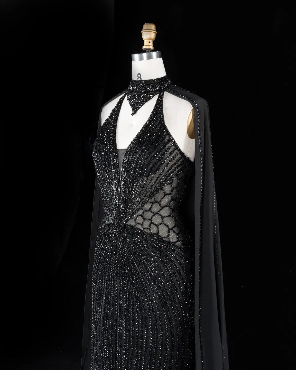 SS049 Black beaded halter cape evening dress view 9