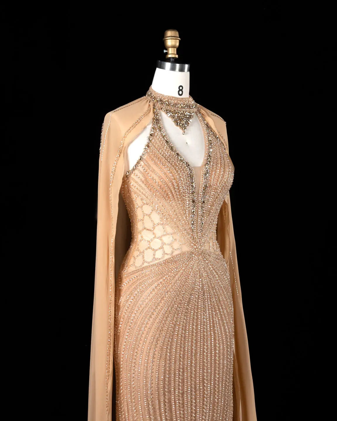 SS049 Champagne beaded halter cape evening dress view 1