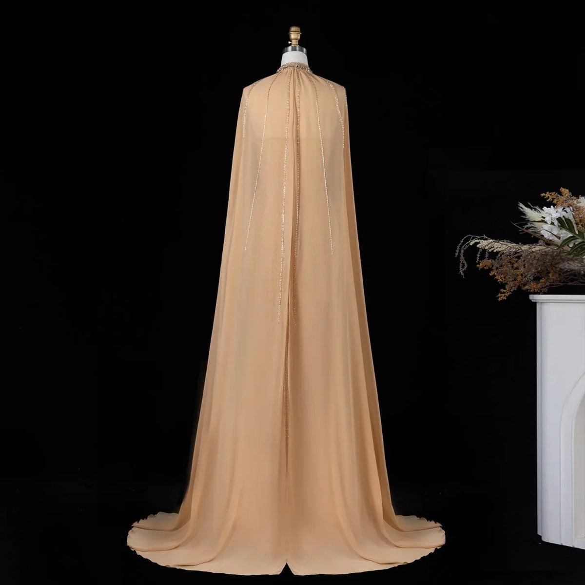 SS049 Champagne beaded halter cape evening dress view 2