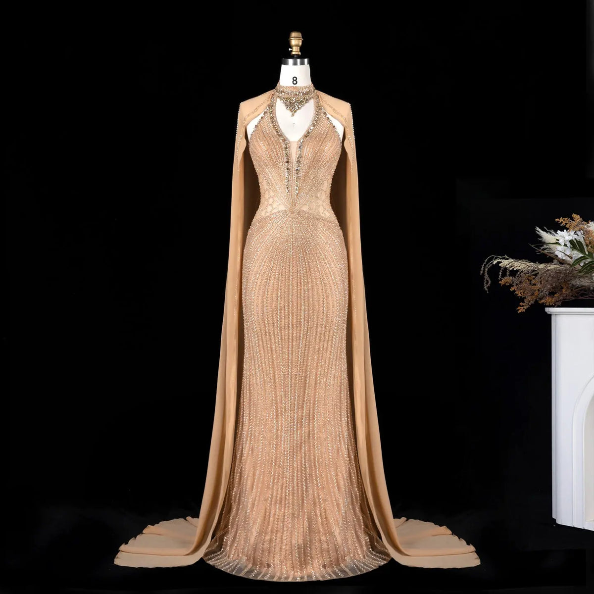 SS049 Champagne beaded halter cape evening dress view 3