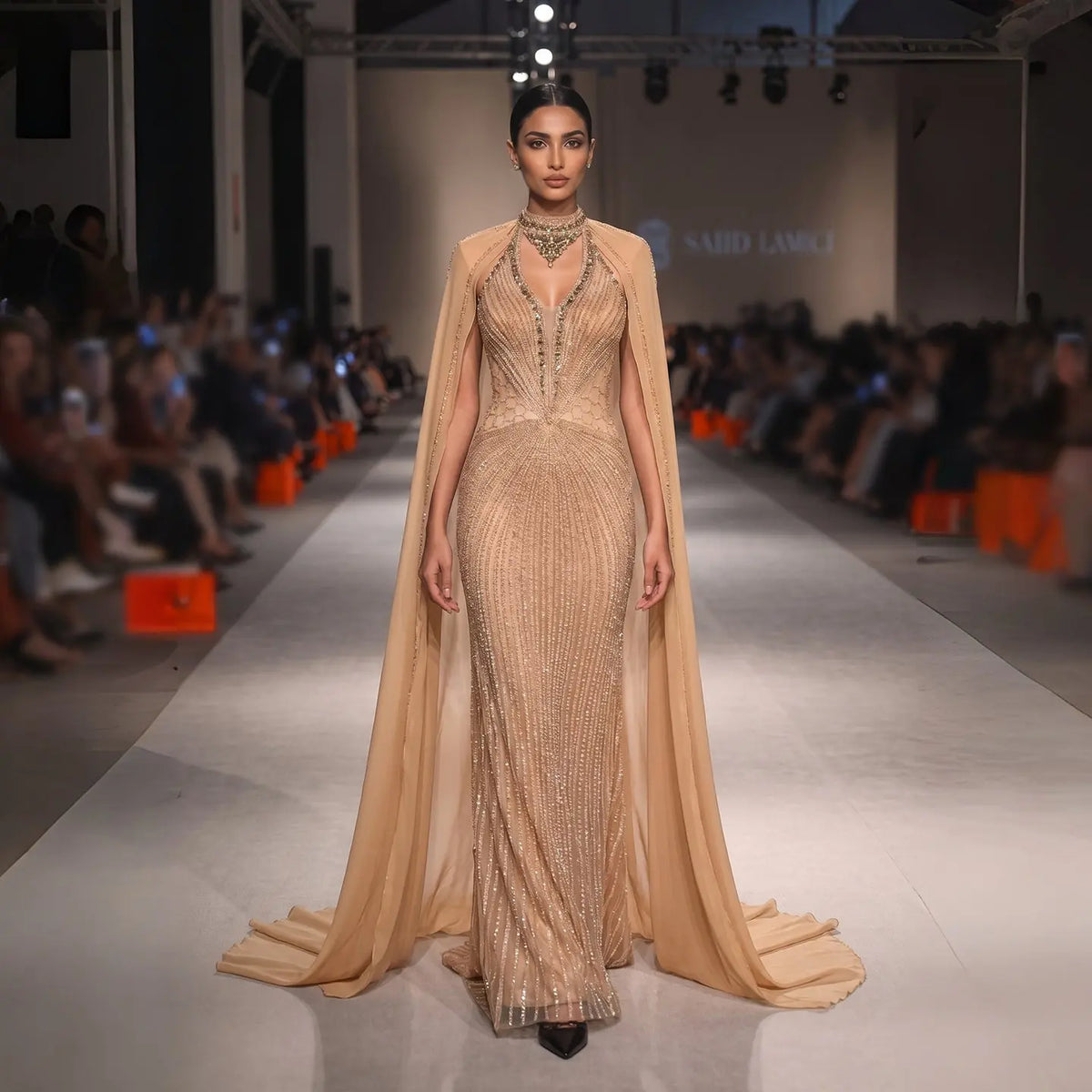 SS049 Champagne beaded halter cape evening dress view 4
