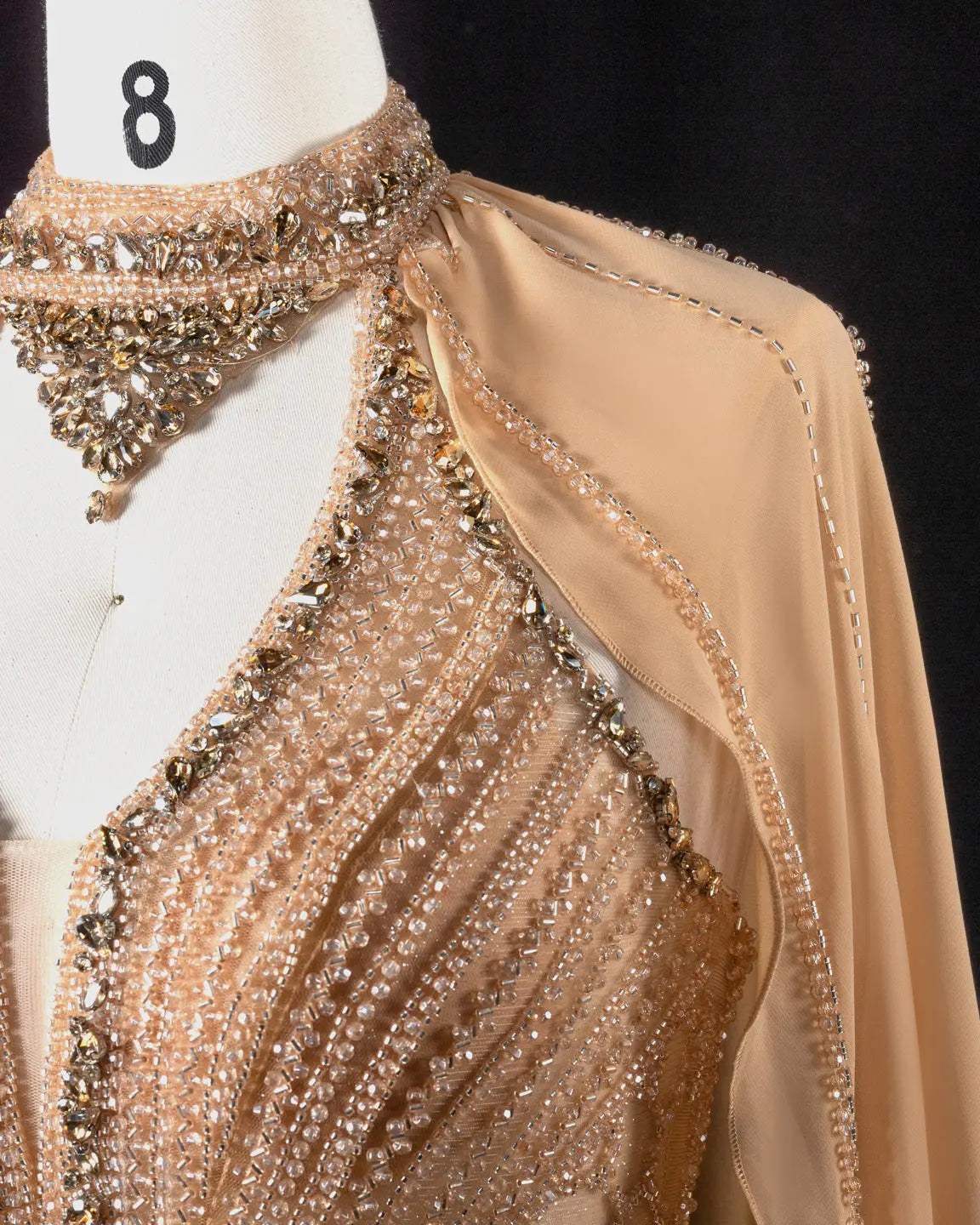 SS049 Champagne beaded halter cape evening dress view 6