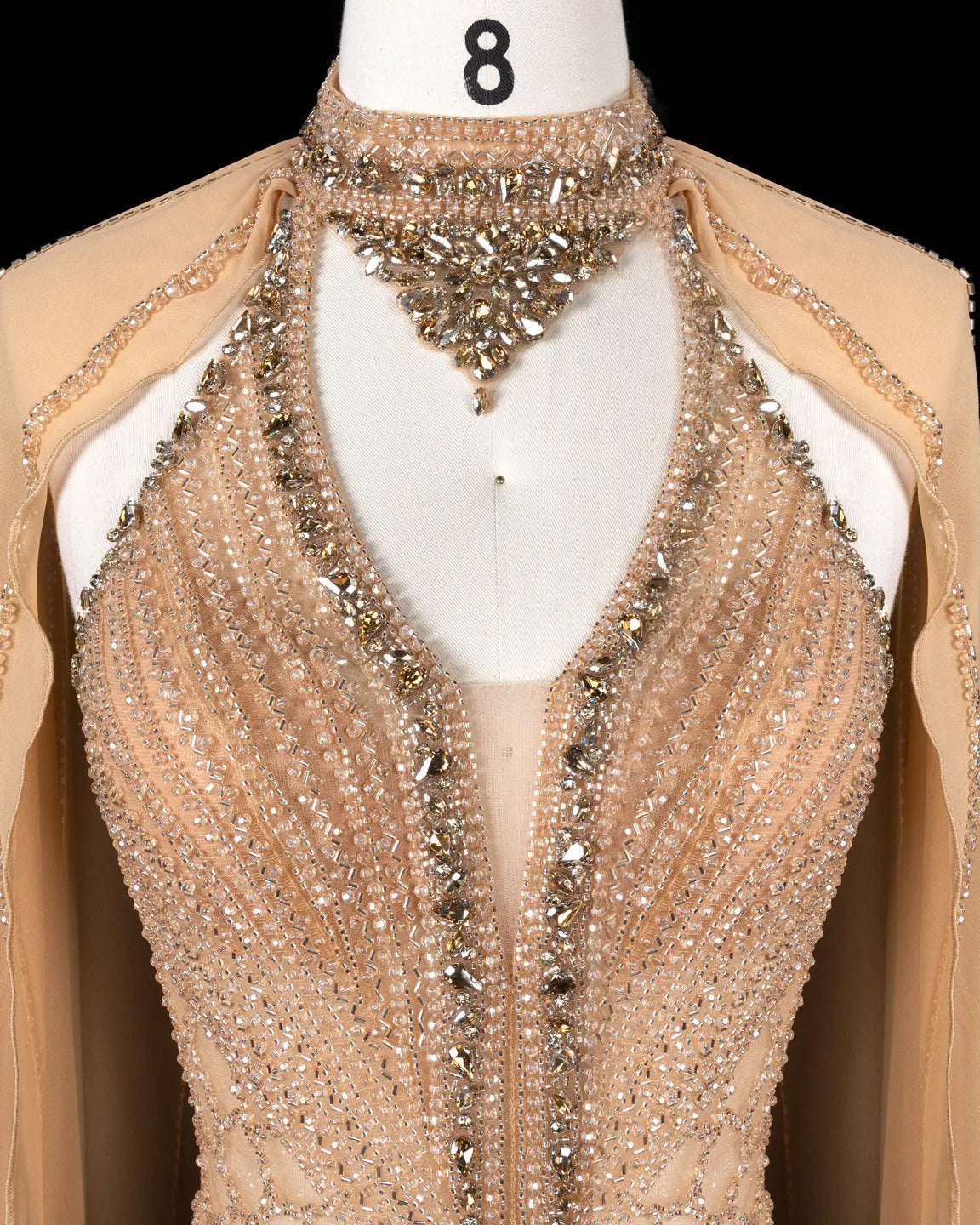 SS049 Champagne beaded halter cape evening dress view 7