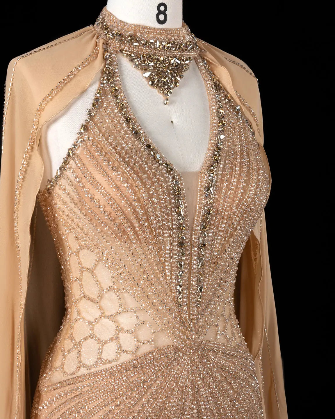 SS049 Champagne beaded halter cape evening dress view 8