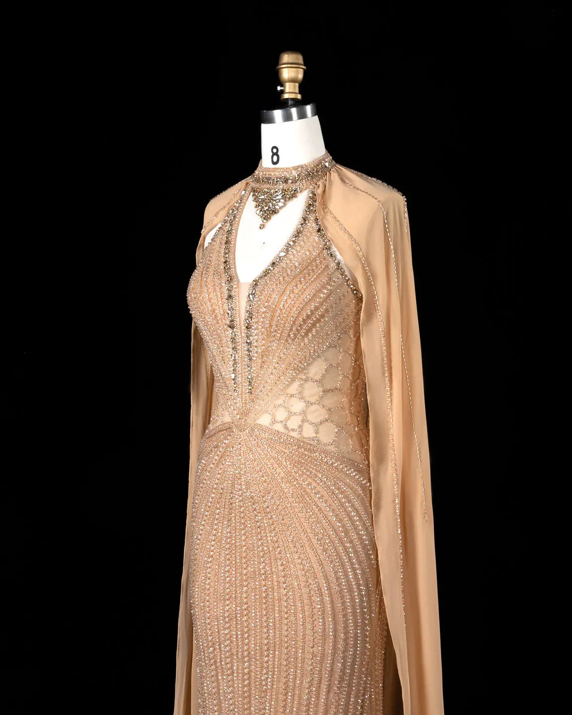 SS049 Champagne beaded halter cape evening dress view 9