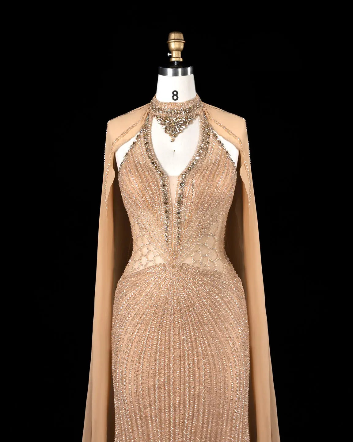 SS049 Champagne beaded halter cape evening dress view 10