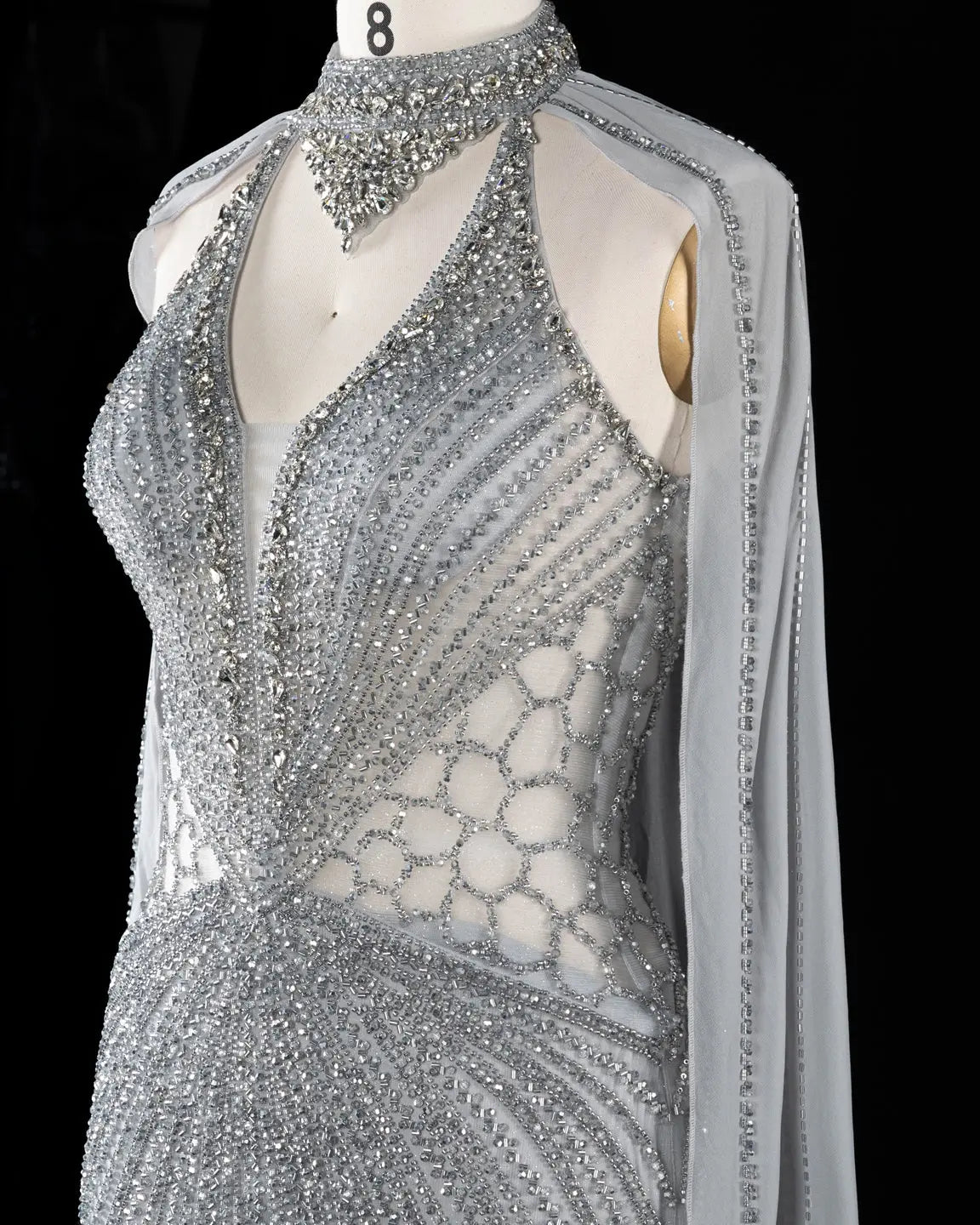 SS049 Gray beaded halter cape evening dress view 2