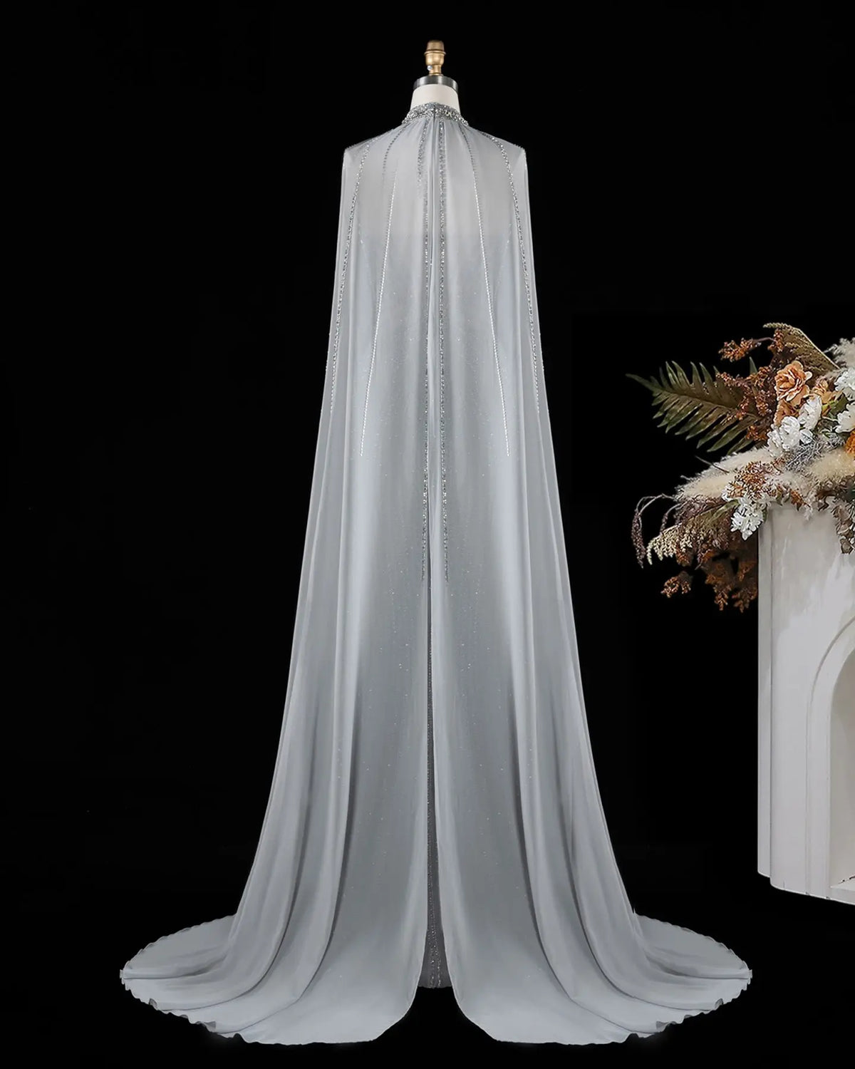 SS049 Gray beaded halter cape evening dress view 3