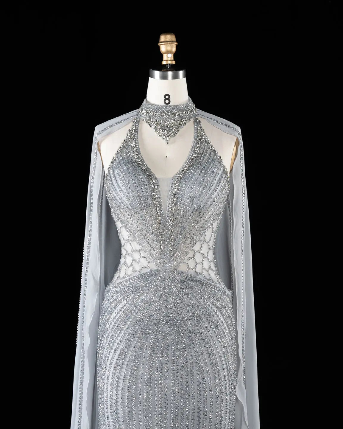SS049 Gray beaded halter cape evening dress view 4