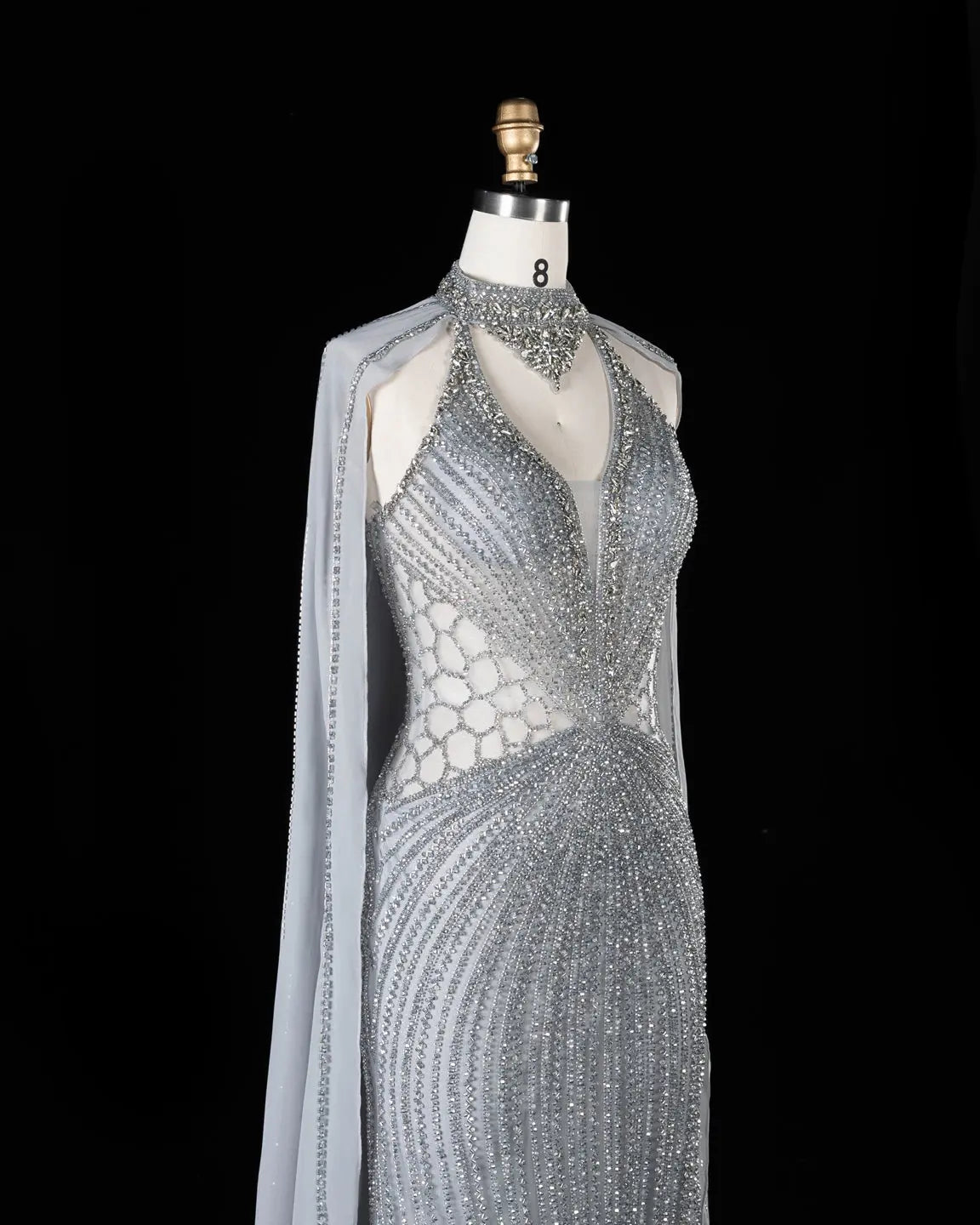 SS049 Gray beaded halter cape evening dress view 5
