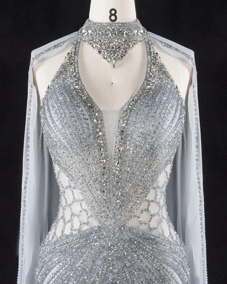 SS049 Gray beaded halter cape evening dress view 6