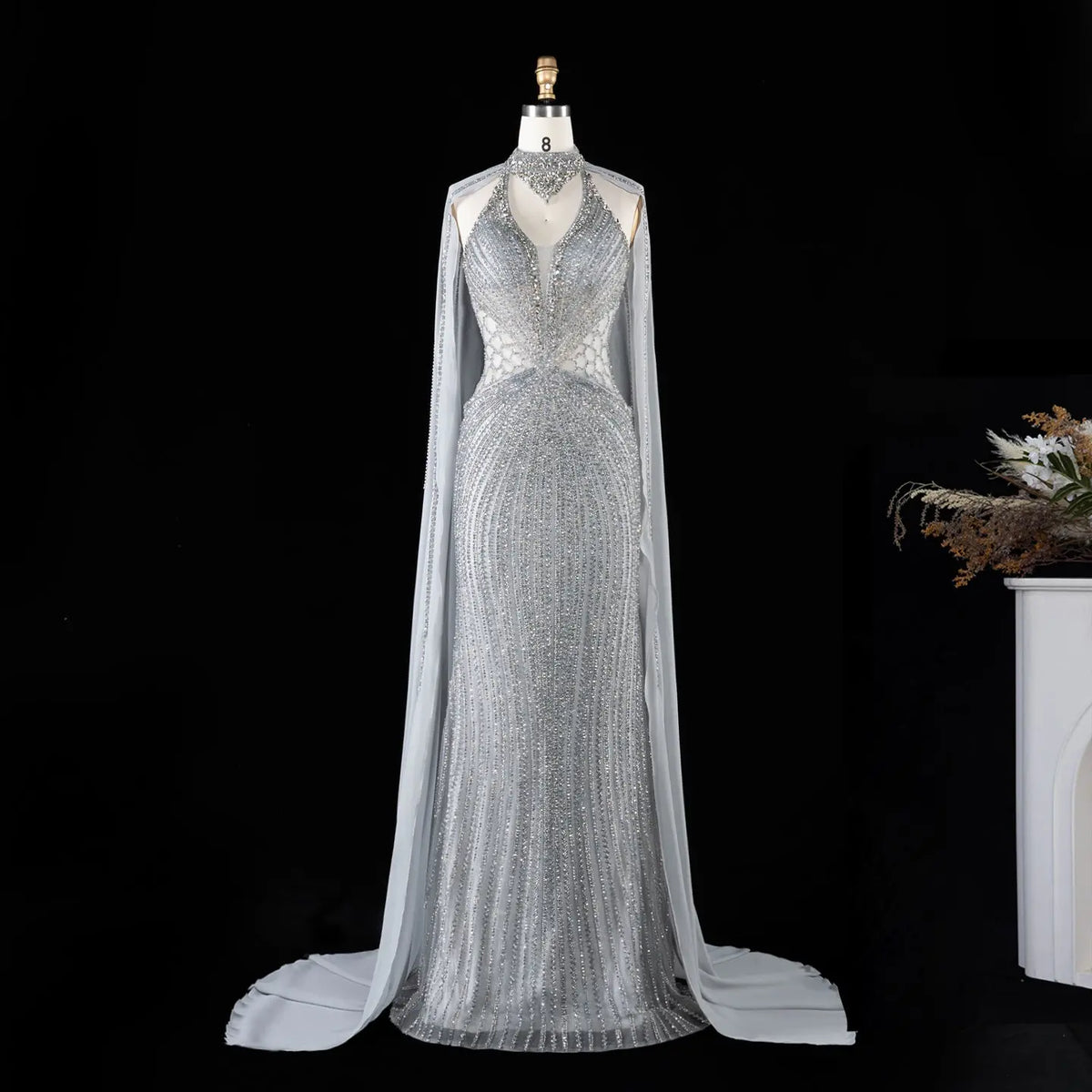 SS049 Gray beaded halter cape evening dress view 7