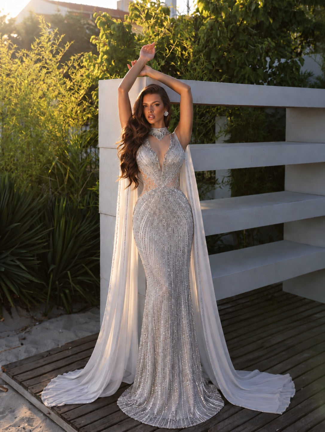 SS049 Gray beaded halter cape evening dress view 8