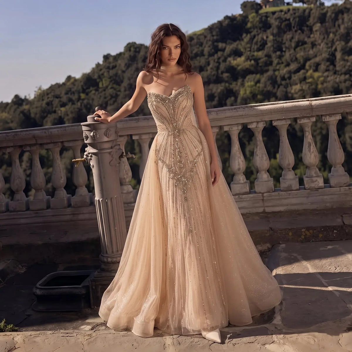 SS068 crystal beaded strapless evening gown