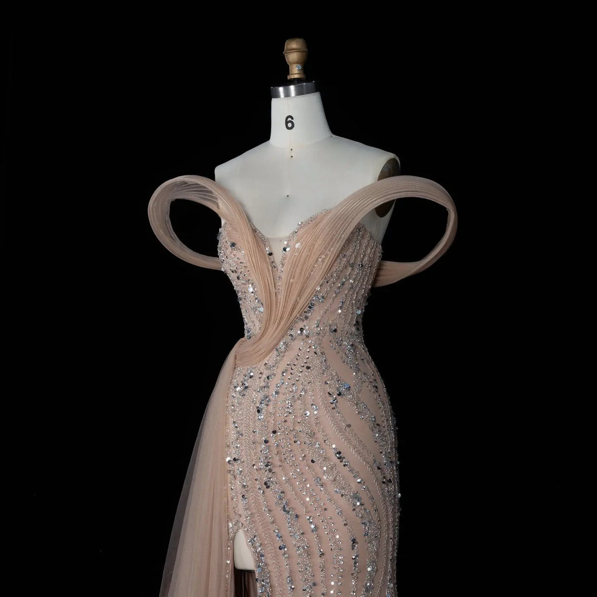 SS129 Champagne crystal beaded off-shoulder mermaid evening dress