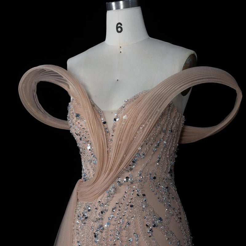 SS129 Champagne crystal beaded off-shoulder mermaid evening dress