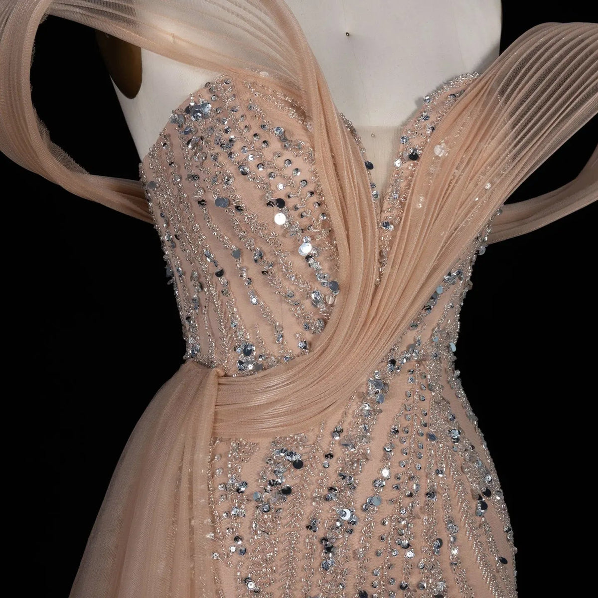 SS129 Champagne crystal beaded off-shoulder mermaid evening dress