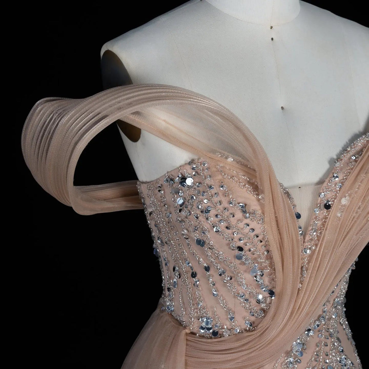SS129 Champagne crystal beaded off-shoulder mermaid evening dress