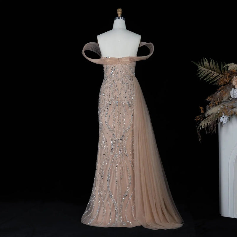SS129 Champagne crystal beaded off-shoulder mermaid evening dress