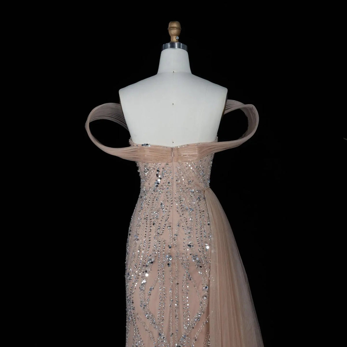 SS129 Champagne crystal beaded off-shoulder mermaid evening dress