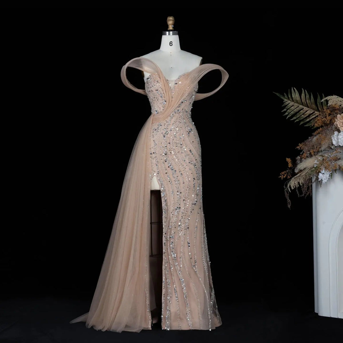 SS129 Champagne crystal beaded off-shoulder mermaid evening dress