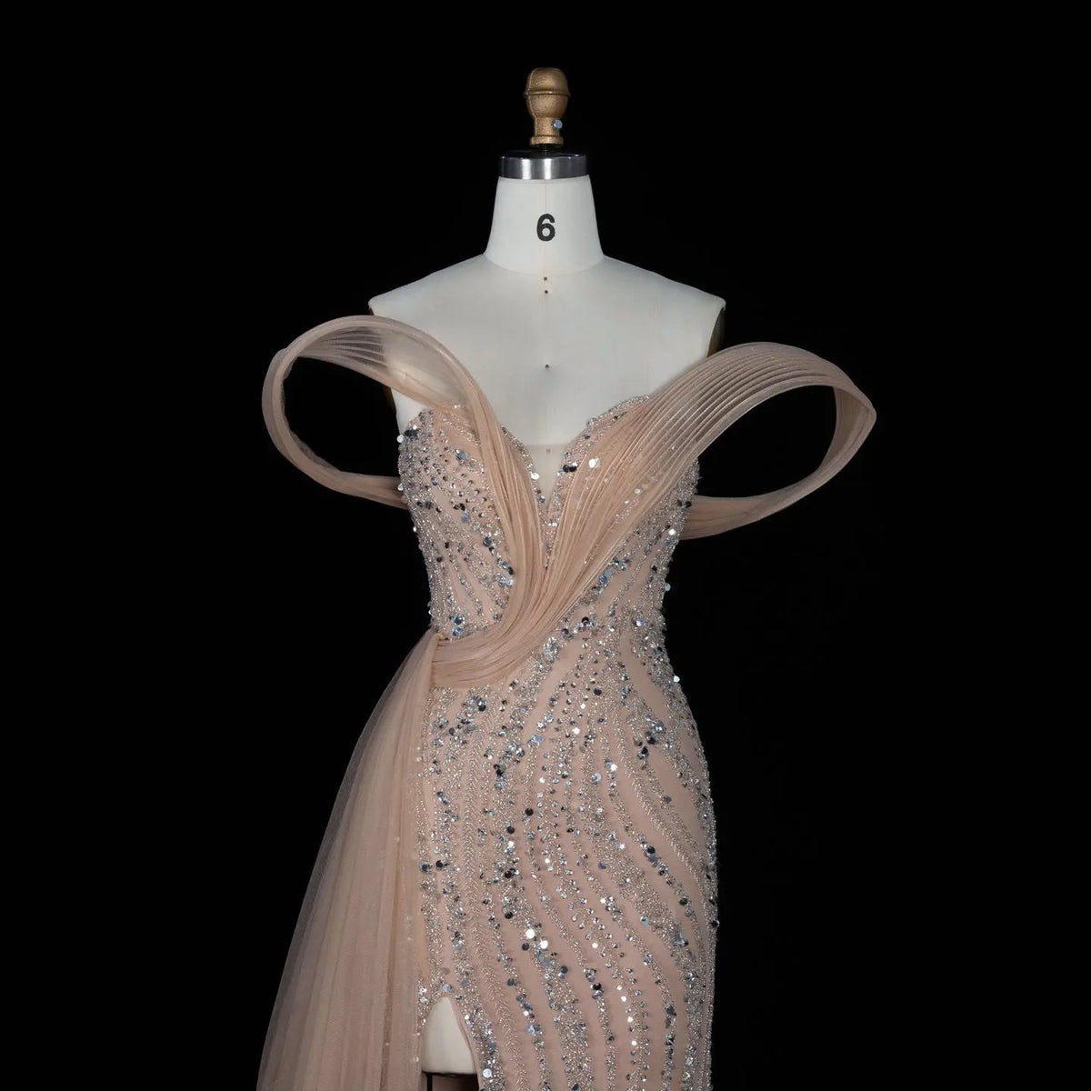 SS129 Champagne crystal beaded off-shoulder mermaid evening dress