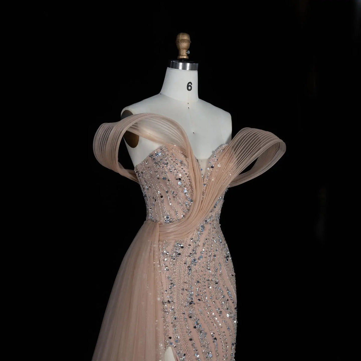 SS129 Champagne crystal beaded off-shoulder mermaid evening dress
