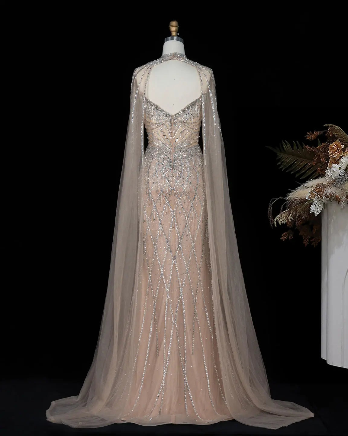 SS138 crystal beaded cape sweetheart evening gown