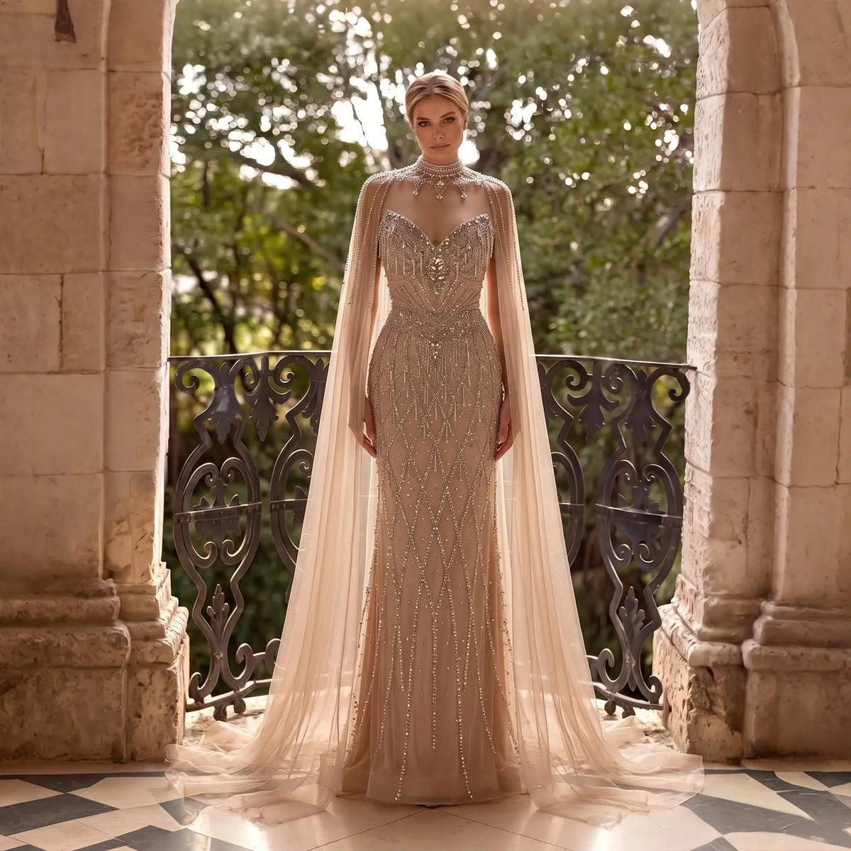 SS138 crystal beaded cape sweetheart evening gown