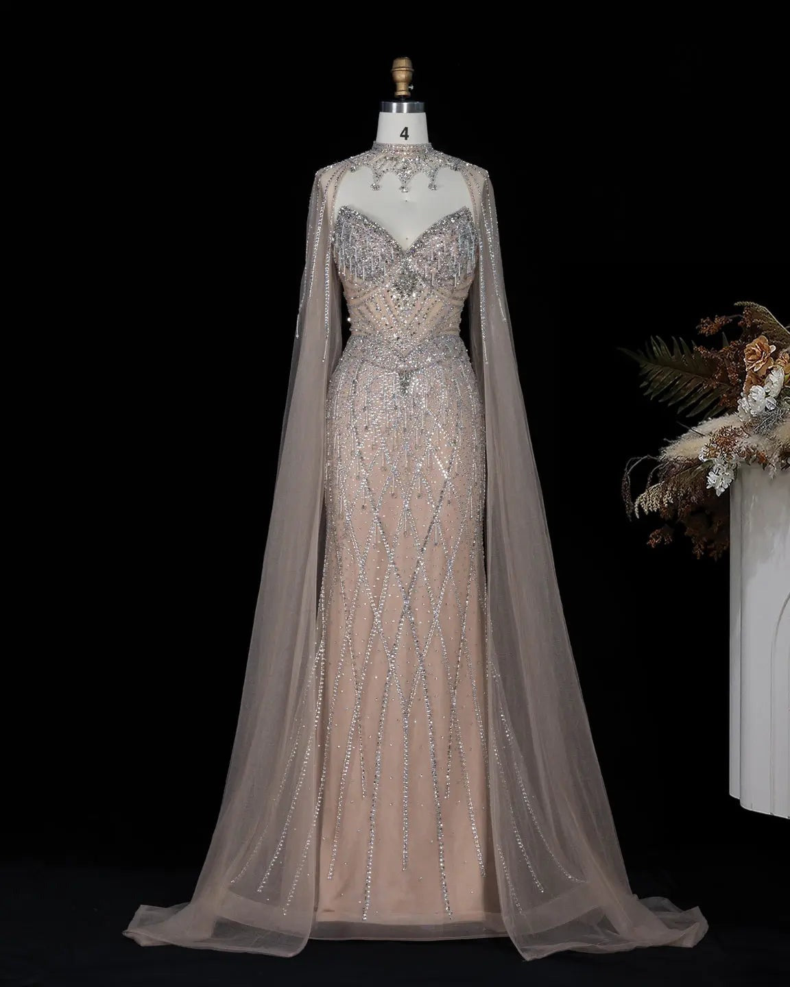 SS138 crystal beaded cape sweetheart evening gown