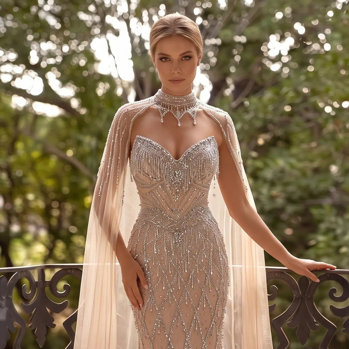 SS138 crystal beaded cape sweetheart evening gown