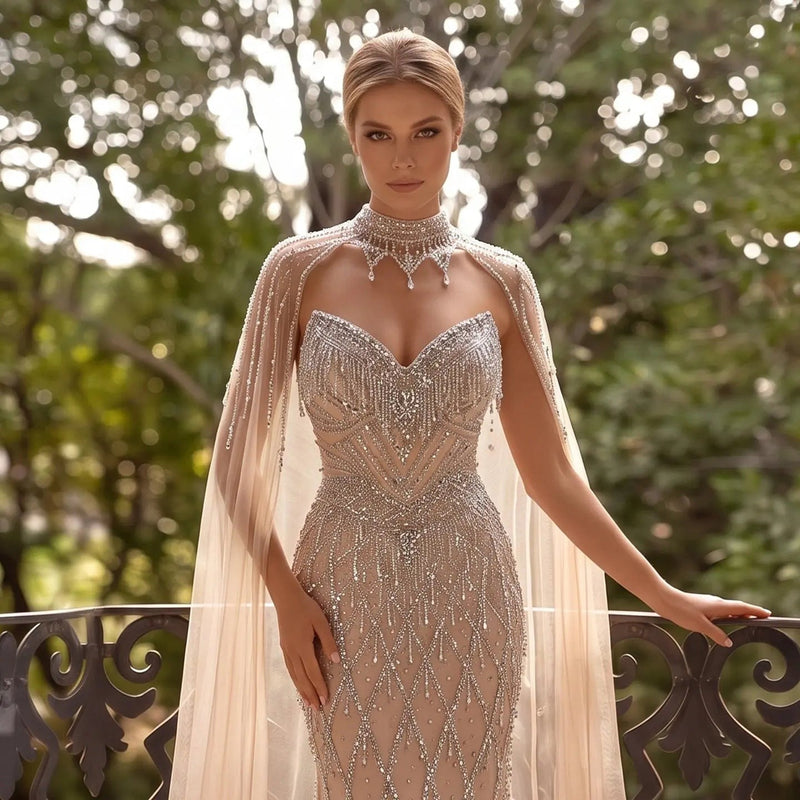 SS138 crystal beaded cape sweetheart evening gown