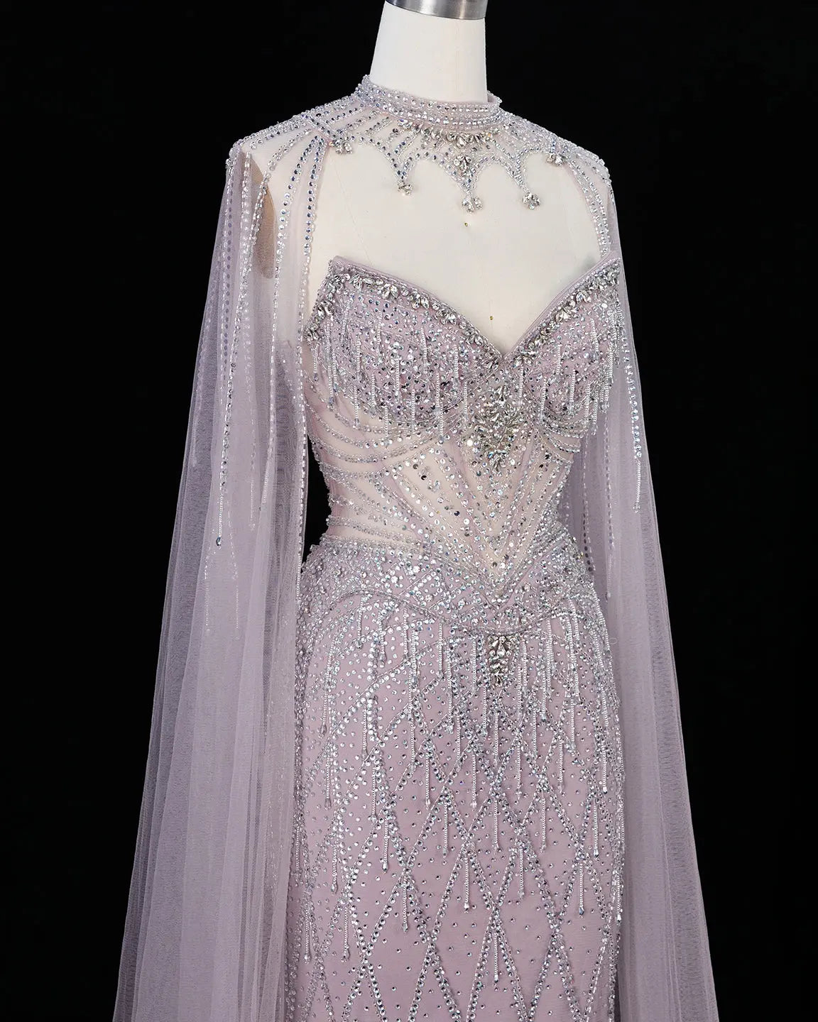 SS138 crystal beaded cape sweetheart evening gown
