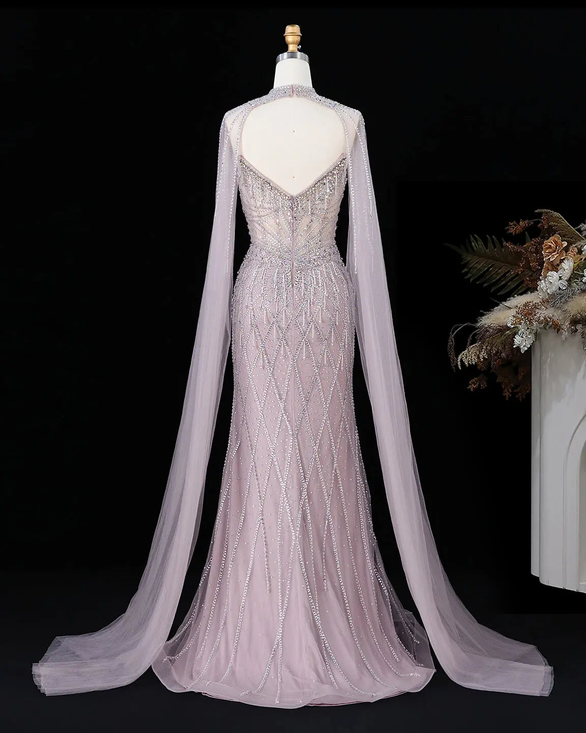 SS138 crystal beaded cape sweetheart evening gown