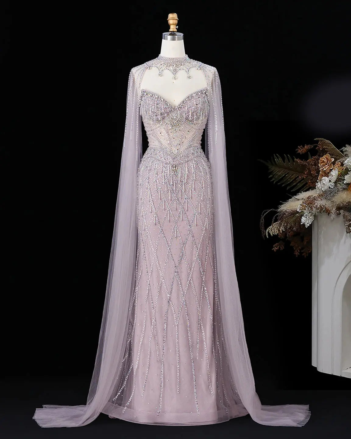 SS138 crystal beaded cape sweetheart evening gown