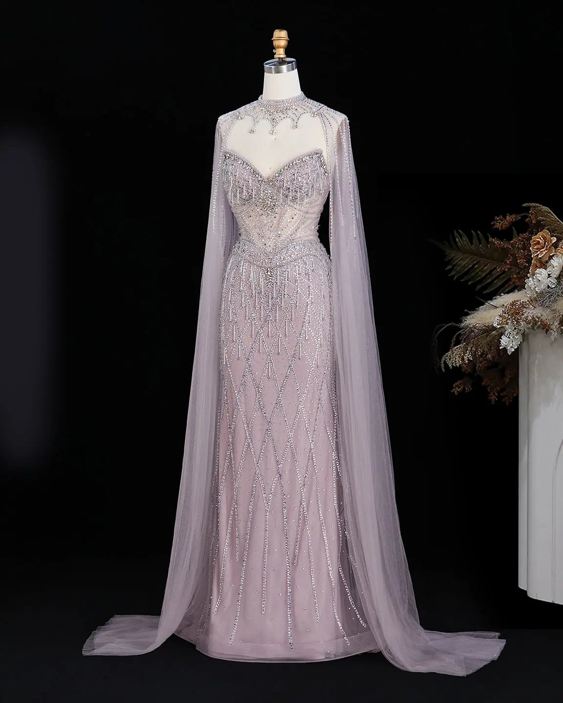 SS138 crystal beaded cape sweetheart evening gown