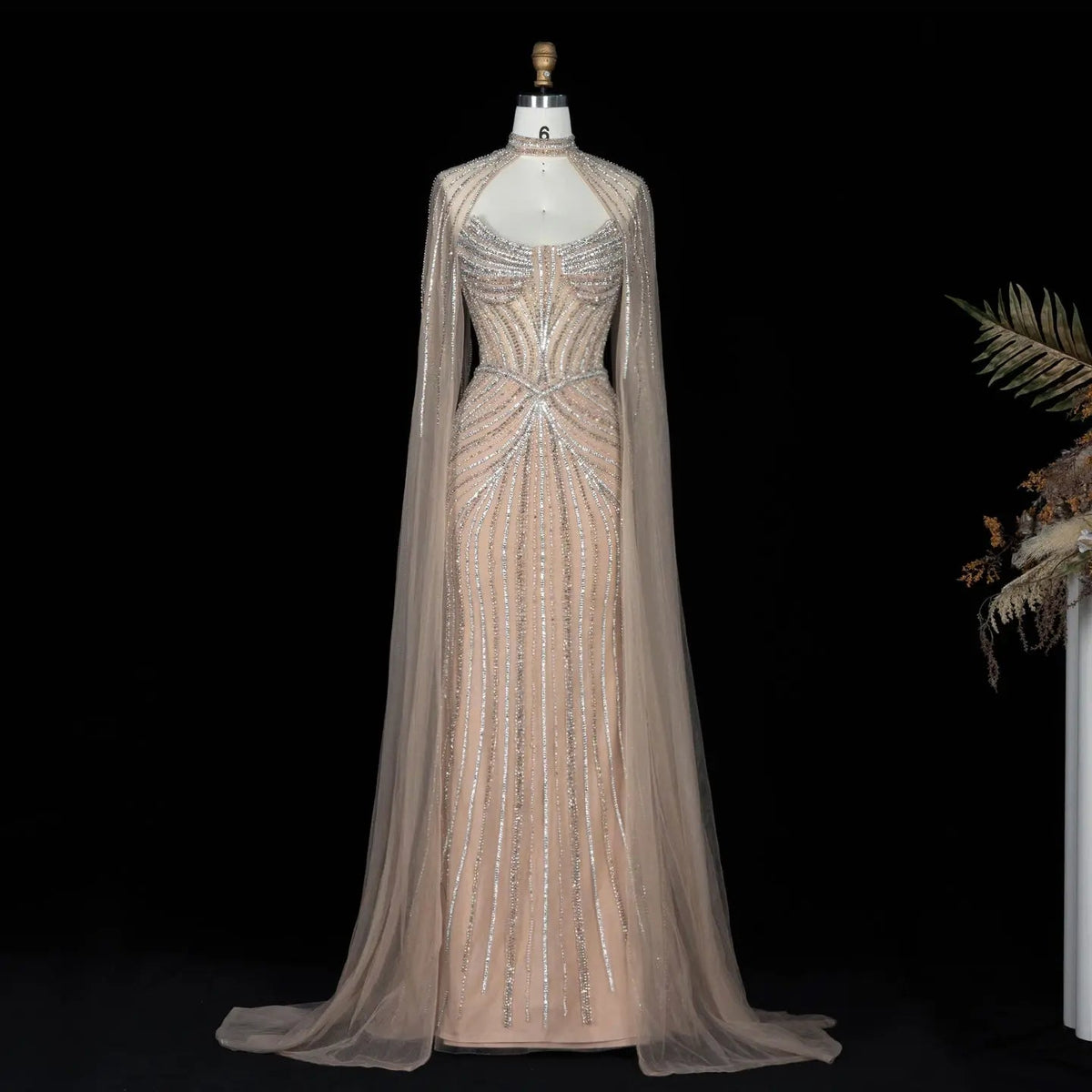 SS140 Champagne crystal beaded high-neck cape evening dress