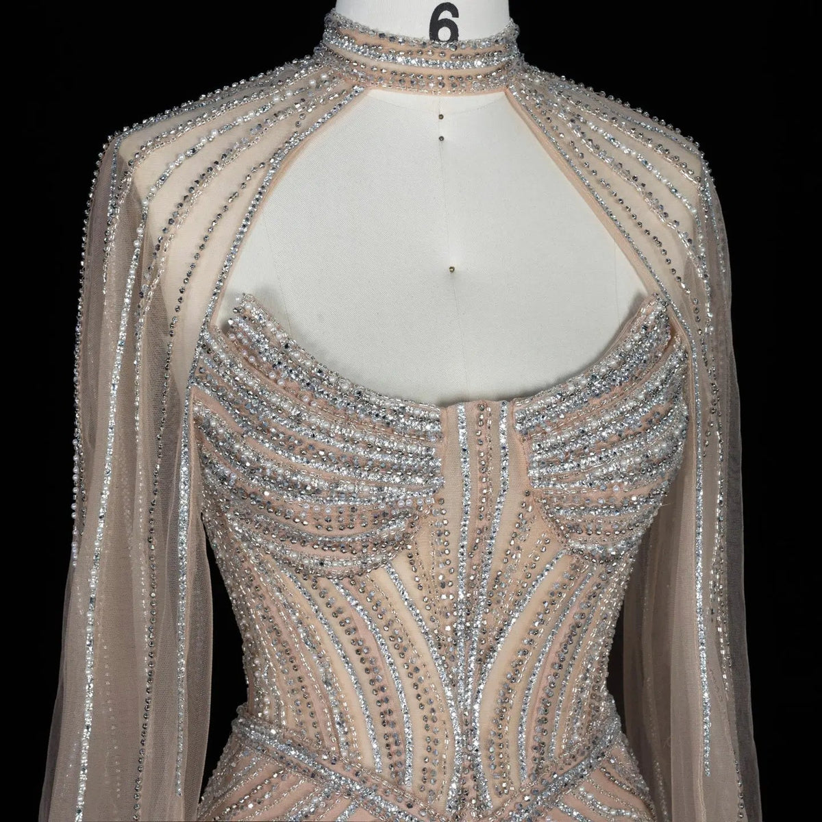 SS140 Champagne crystal beaded high-neck cape evening dress