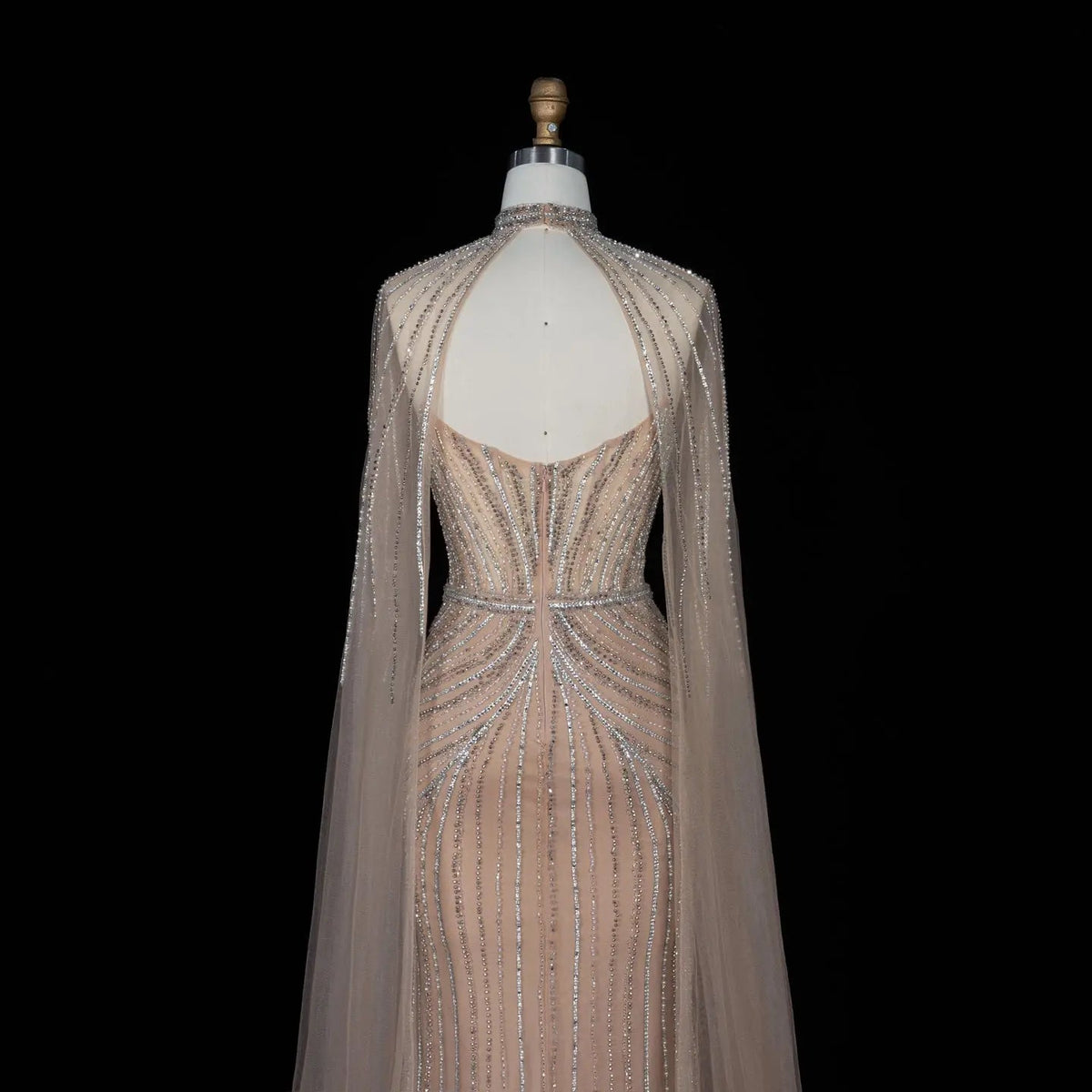 SS140 Champagne crystal beaded high-neck cape evening dress