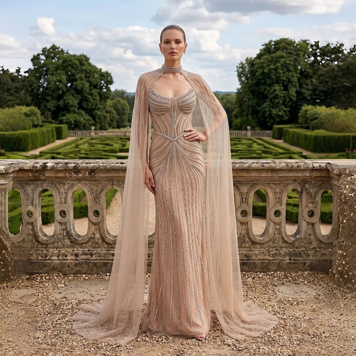 SS140 Champagne crystal beaded high-neck cape evening dress