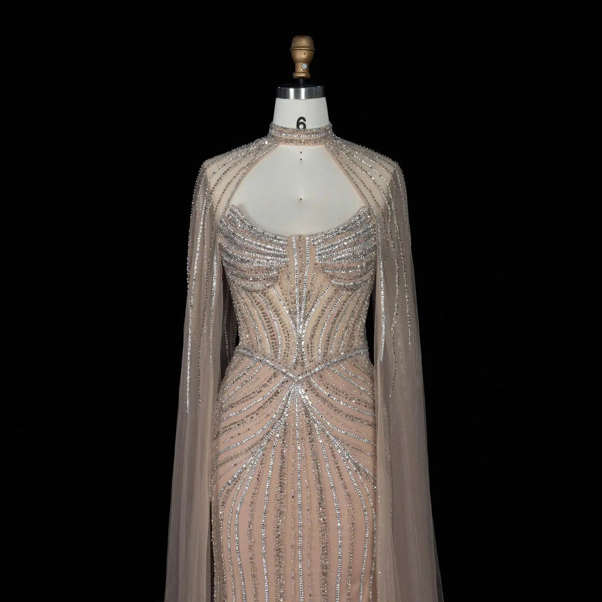 SS140 Champagne crystal beaded high-neck cape evening dress