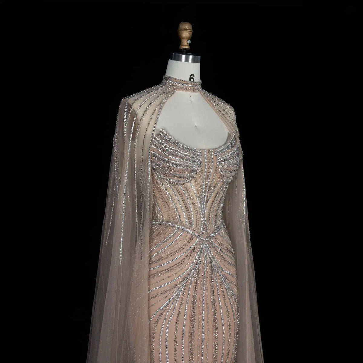 SS140 Champagne crystal beaded high-neck cape evening dress