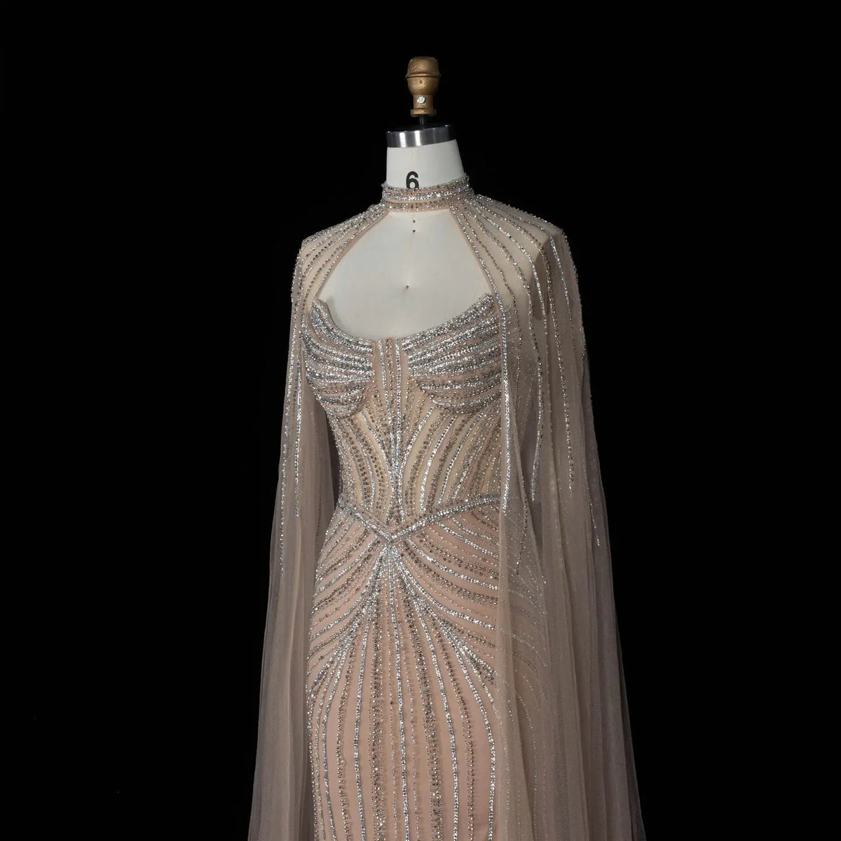 SS140 Champagne crystal beaded high-neck cape evening dress