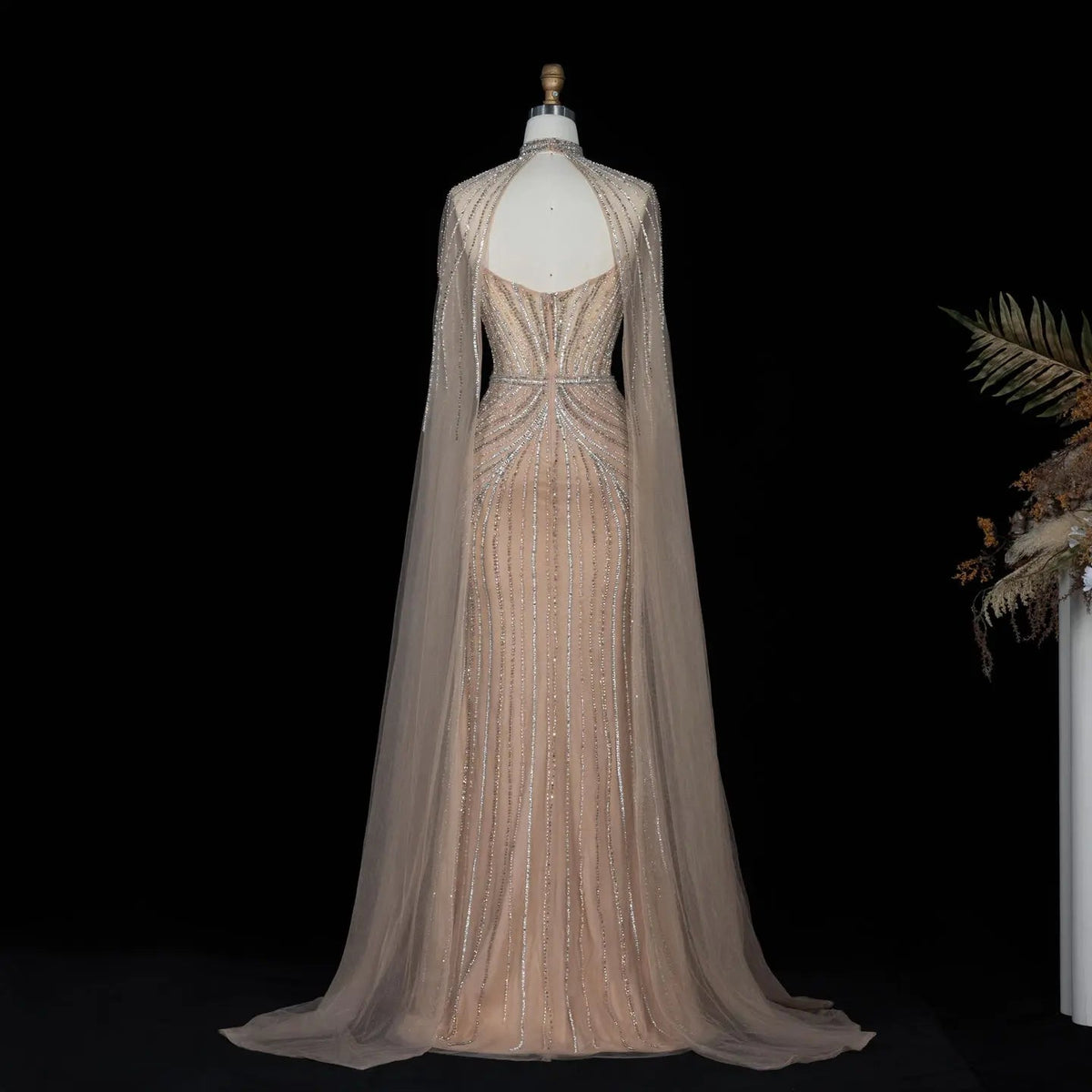 SS140 Champagne crystal beaded high-neck cape evening dress