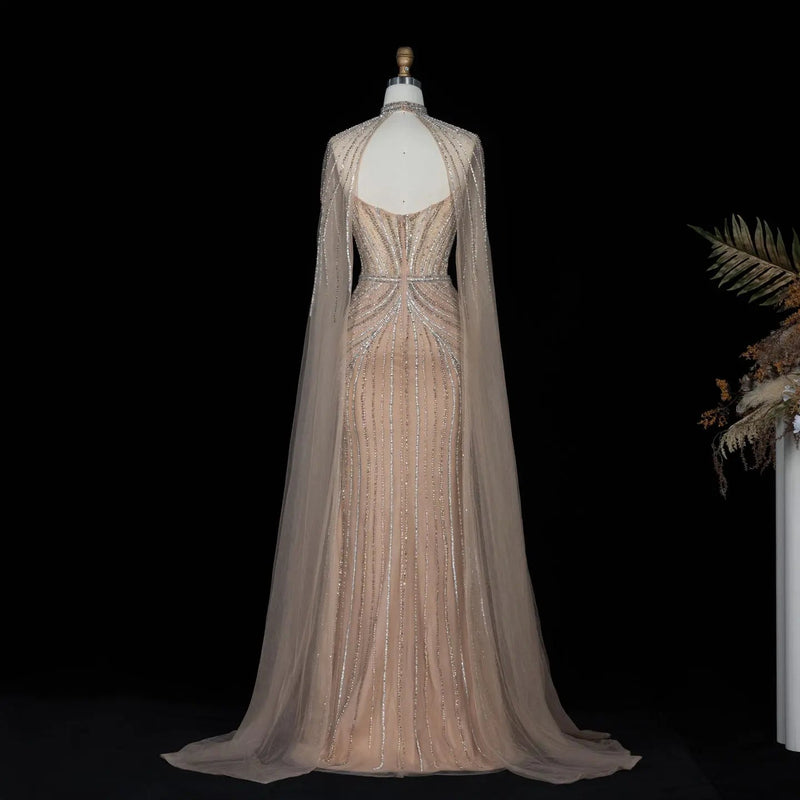SS140 Champagne crystal beaded high-neck cape evening dress