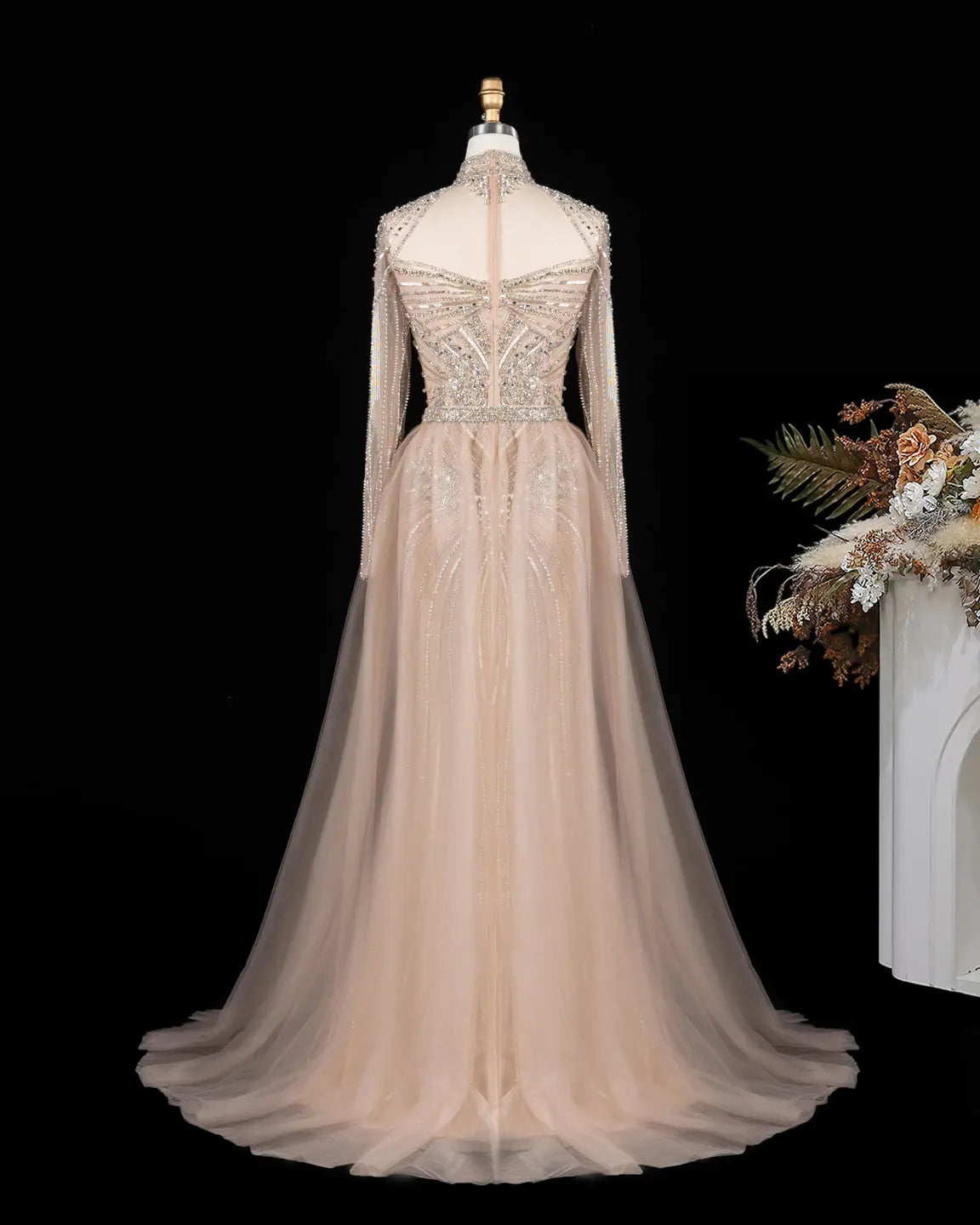 SS171 Champagne beaded high neck long sleeve evening dress view 1