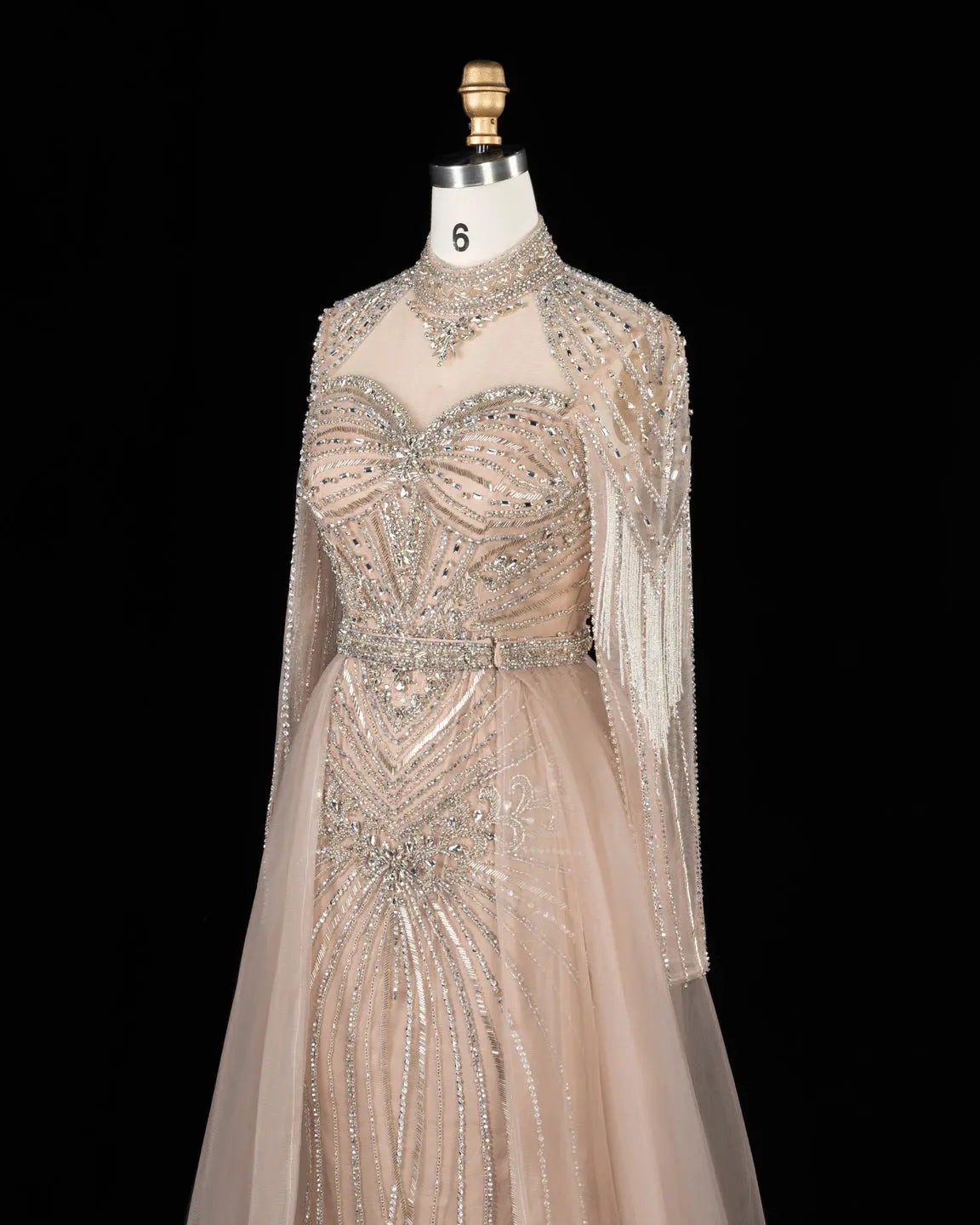 SS171 Champagne beaded high neck long sleeve evening dress view 2